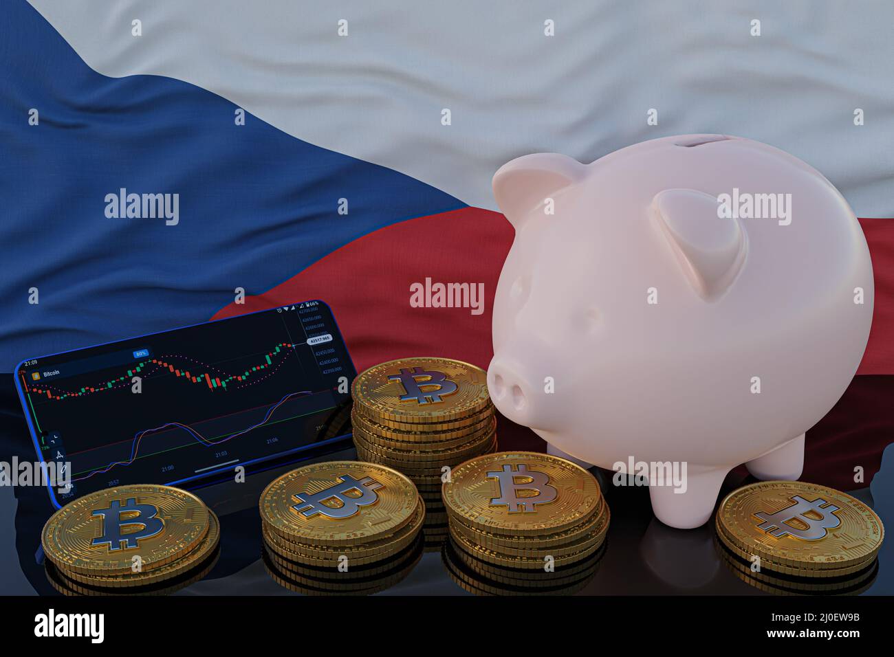 Bitcoin- und Kryptowährungsanlage. Flagge der Tschechischen Republik im Hintergrund. Sparschwein, das Sparkonzept. Mobile Anwendung für den Handel mit Aktien. 3 Stockfoto