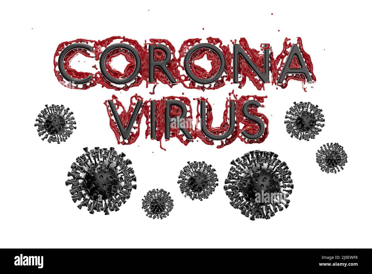 Coronavirus Wuhan, China COVID-19-Inschrift aus Blut mit darunter liegenden Koronazellen. Epidemien-Zustand 3D Abbildung isoliert Stockfoto