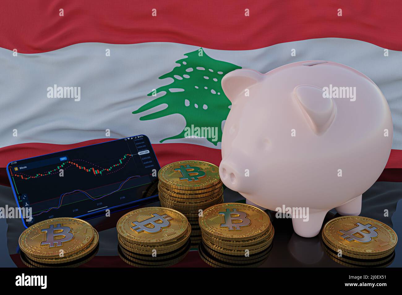 Bitcoin- und Kryptowährungsanlage. Libanonflagge im Hintergrund. Sparschwein, das Sparkonzept. Mobile Anwendung für den Handel mit Aktien. 3D rende Stockfoto