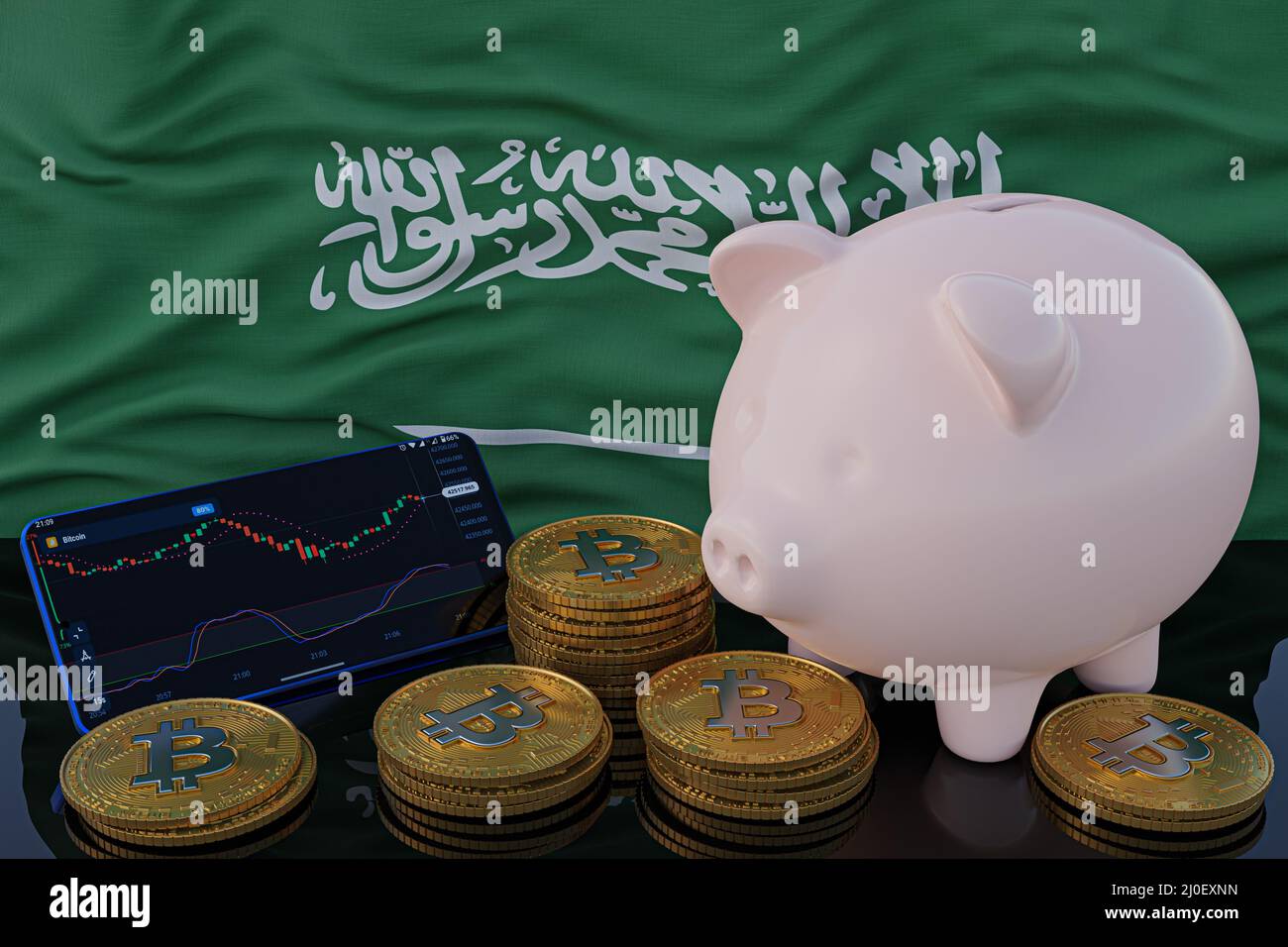 Bitcoin- und Kryptowährungsanlage. Saudi-Arabien Flagge im Hintergrund. Sparschwein, das Sparkonzept. Mobile Anwendung für den Handel mit Aktien. 3D Stockfoto