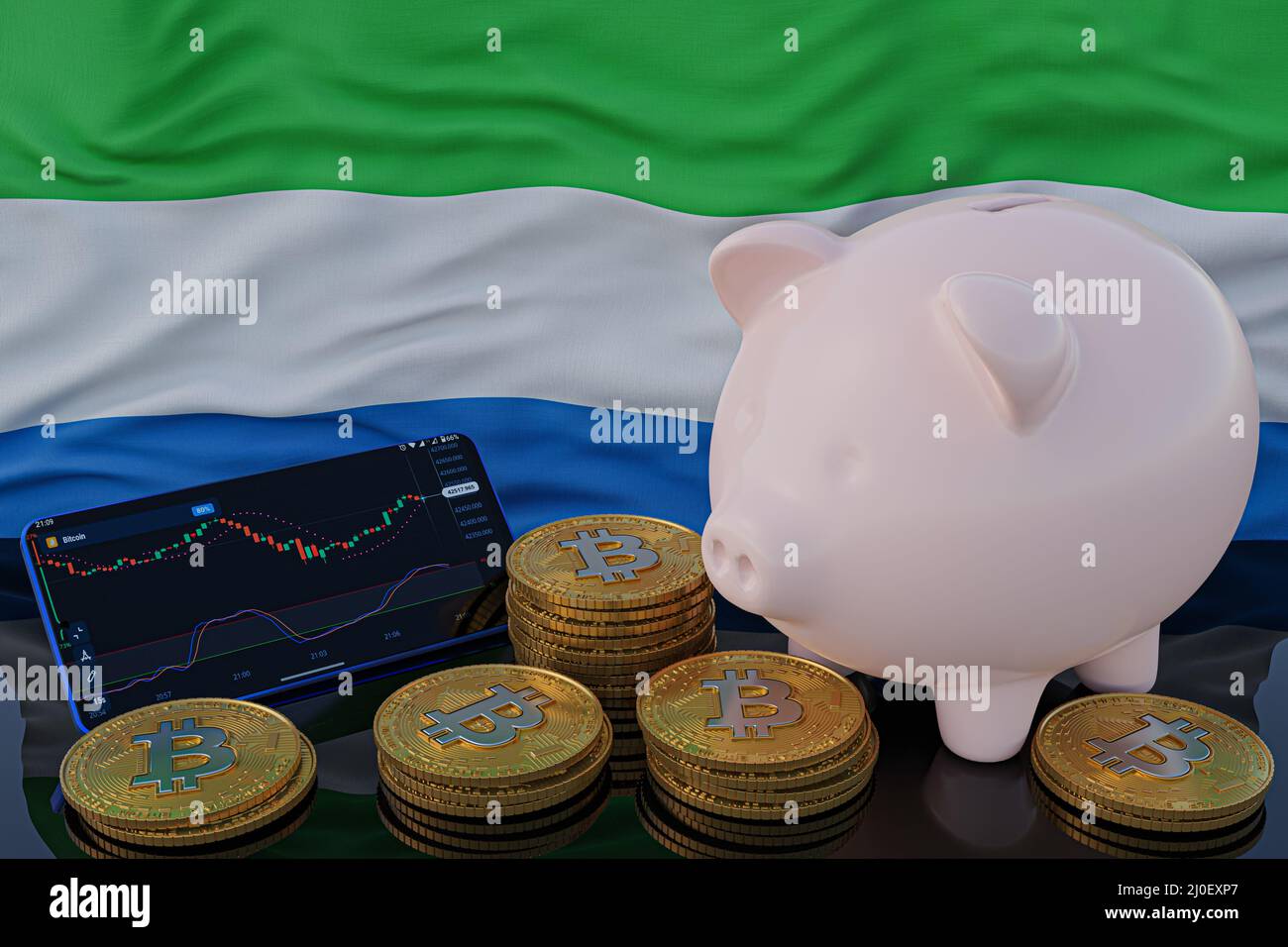 Bitcoin- und Kryptowährungsanlage. Sierra Leone Flagge im Hintergrund. Sparschwein, das Sparkonzept. Mobile Anwendung für den Handel mit Aktien. 3D Stockfoto
