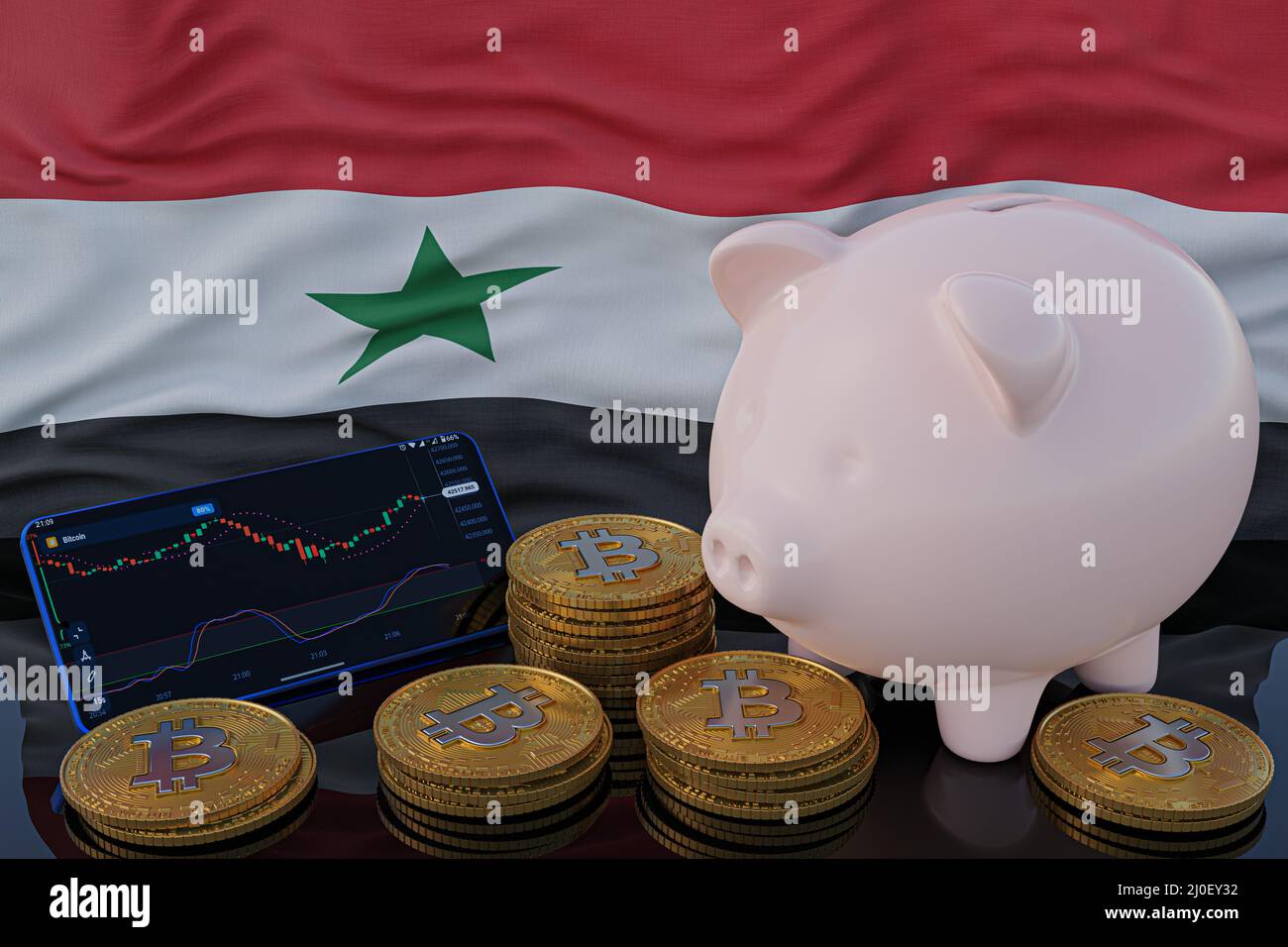 Bitcoin- und Kryptowährungsanlage. Syrien Flagge im Hintergrund. Sparschwein, das Sparkonzept. Mobile Anwendung für den Handel mit Aktien. 3D Rendern Stockfoto