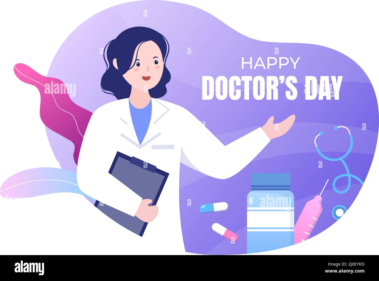 World Doctors Day Vektorgrafik für Grußkarte, Poster oder Hintergrund mit Arzt, Stethoskop und medizinischen Geräten Bild Stock Vektor