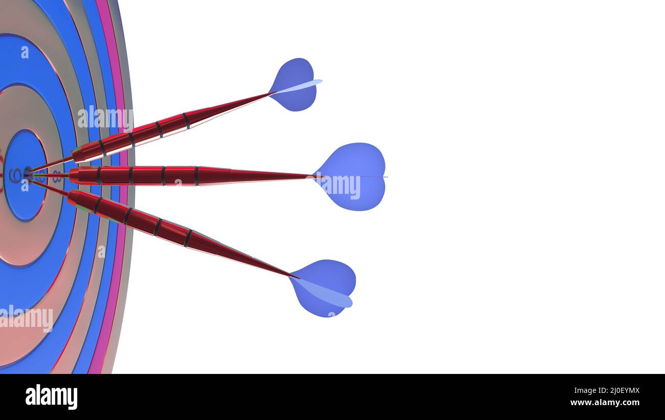 3 rote Darts traf das Ziel. Der Erfolg des Konzepts und konzentrierte sich folgenden Zweck. 3D Abbildung isoliert auf weißem Hintergrund Stockfoto