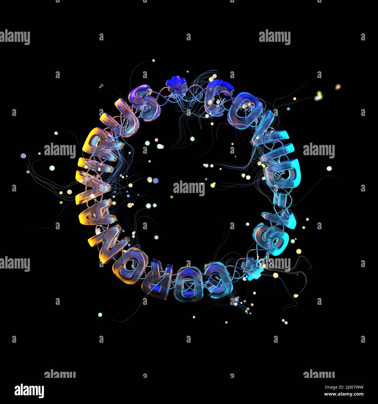 Coronavirus COVID-19 Schriftzug aus Glas und fliegenden Partikeln. Medizin Konzept isoliert auf schwarzem Hintergrund 3d-Illustration Stockfoto