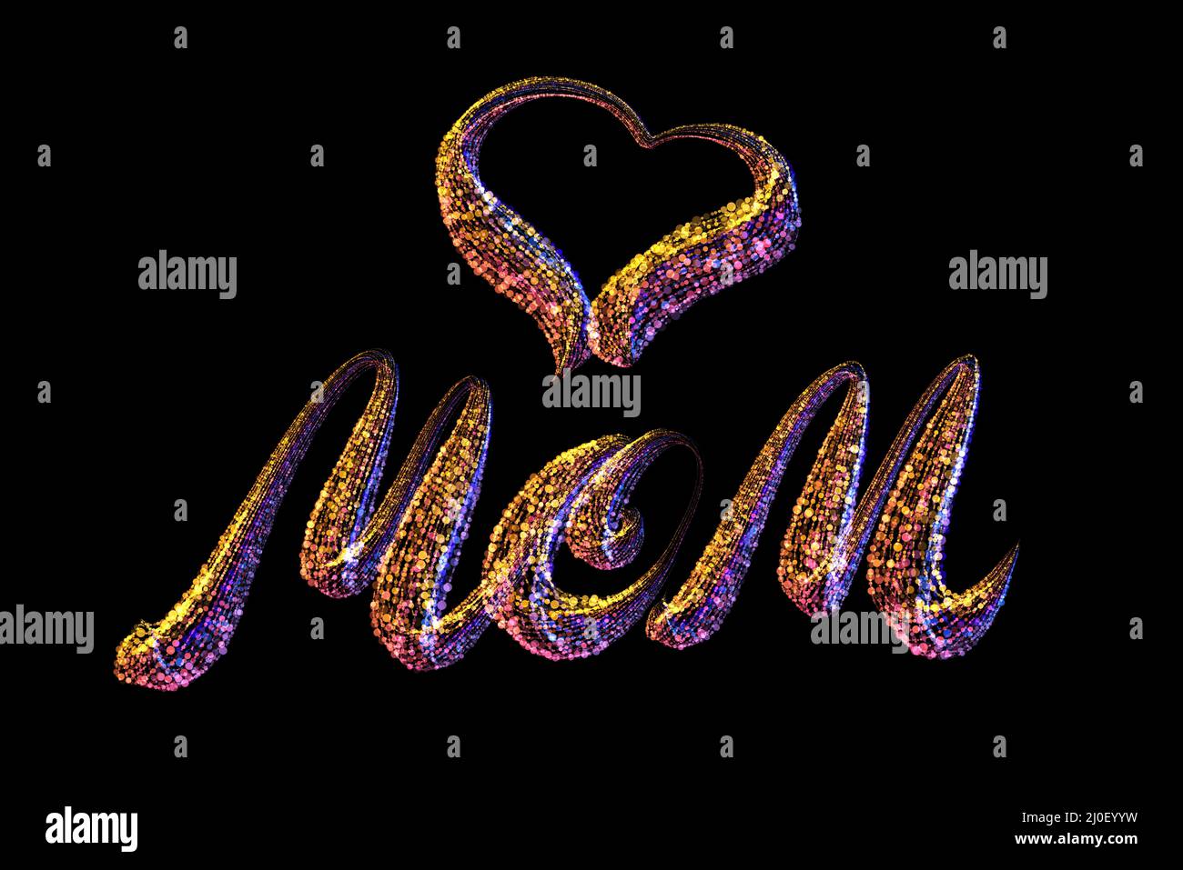 Happy Mothers Day ich liebe Mama Schriftzug mit Herz gemacht Durch bunte Partikel isoliert auf schwarzem Hintergrund Stockfoto