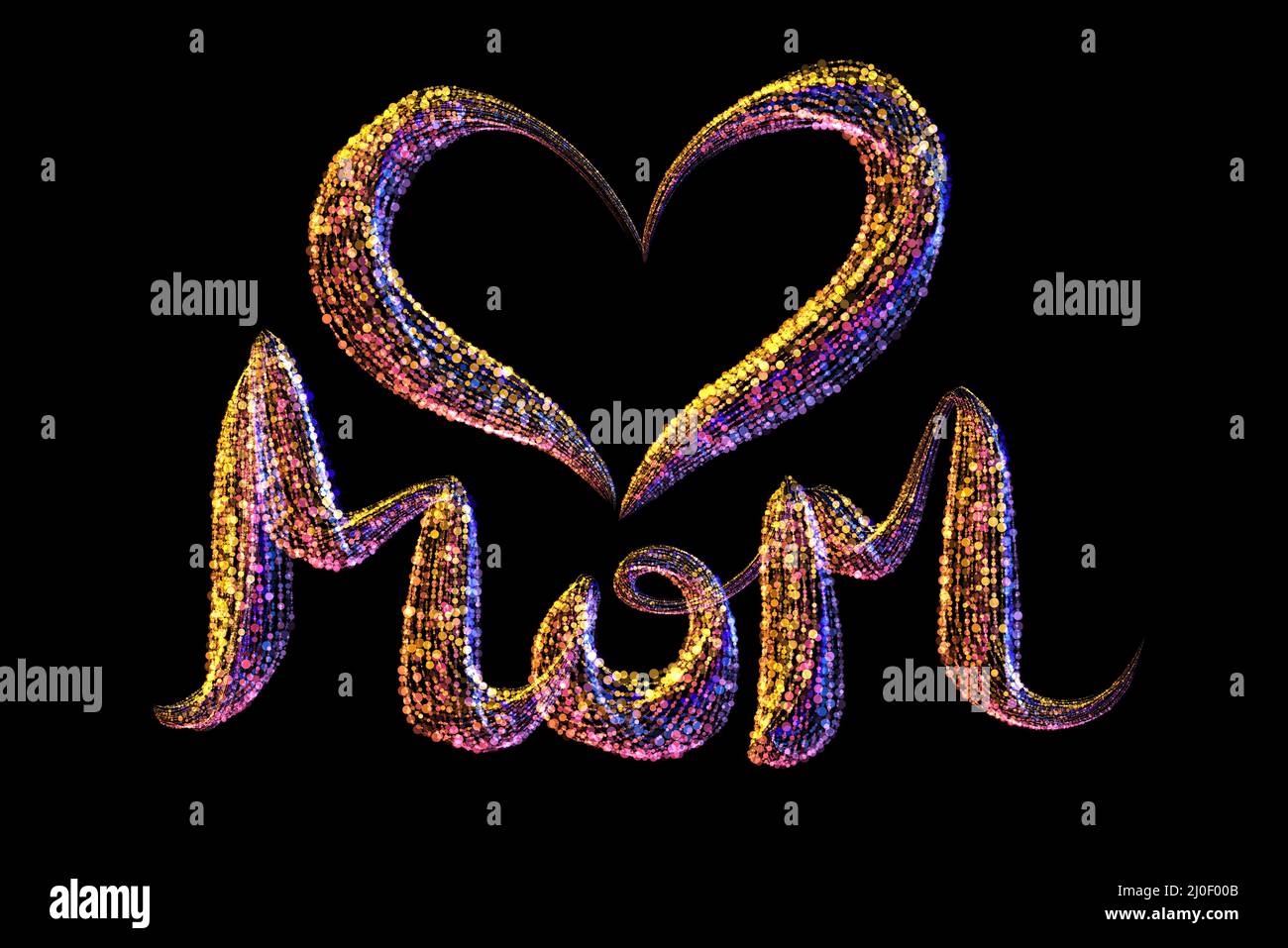 Happy Mothers Day ich liebe Mama Schriftzug mit Herz gemacht Durch bunte Partikel isoliert auf schwarzem Hintergrund Stockfoto