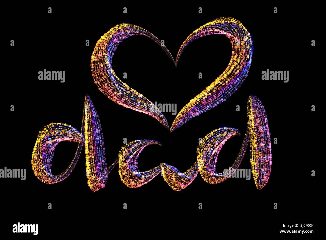 Happy Fathers Day ich liebe Papa Schriftzug mit Herz gemacht Durch bunte Partikel isoliert auf schwarzem Hintergrund Stockfoto