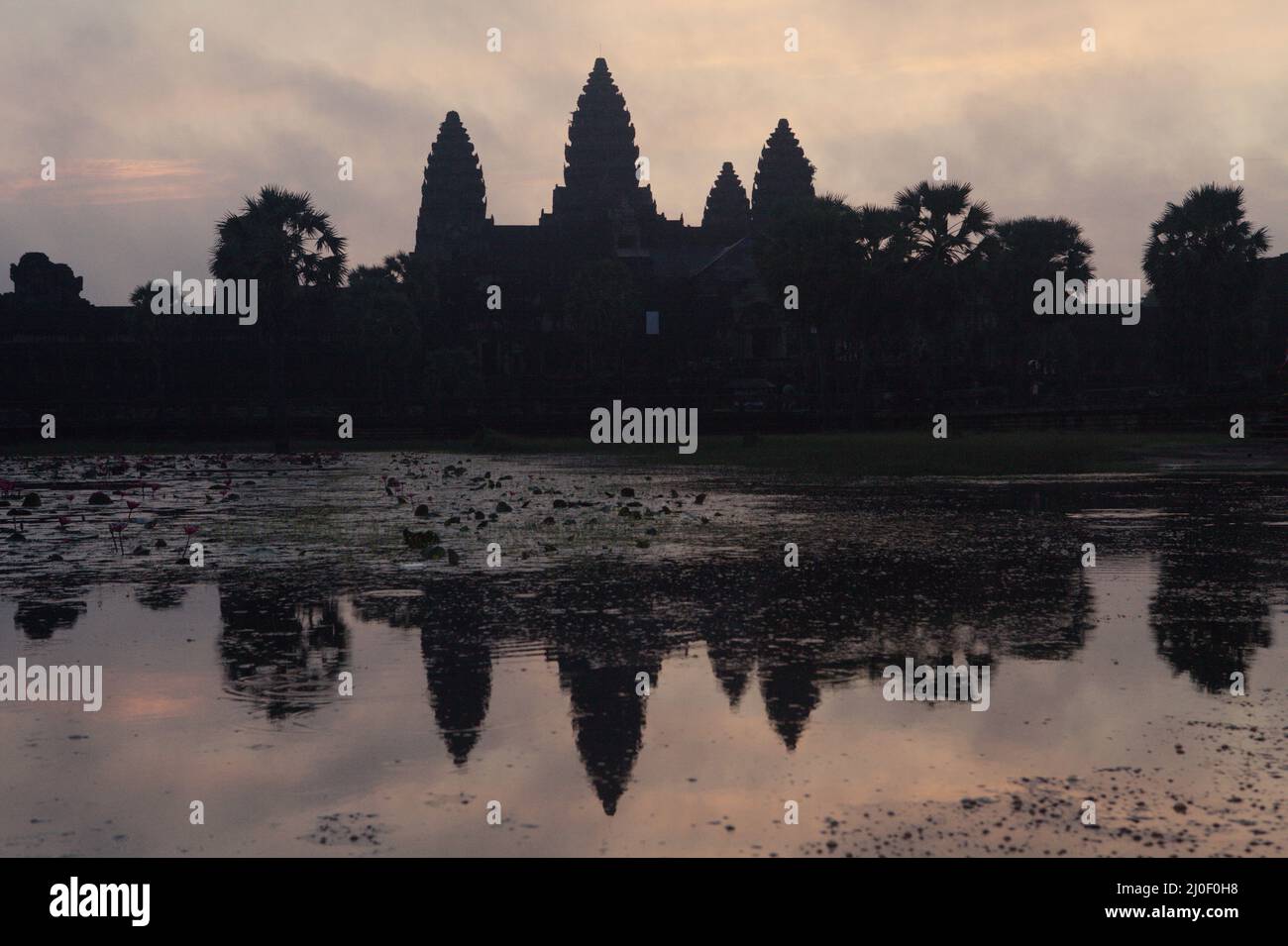 Silhouette von Angkor Wat am Morgen, reflektiert durch einen der unterstützenden Teiche. Teiche, Kanäle und Stauseen im Archäologischen Park von Angkor wurden gebaut, um eine alte Zivilisation des Khmer-Reiches zu unterstützen. Die größte und bevölkerungsreichste Stadt der Welt, in der bis zu 900.000 Menschen lebten, bis Kriege und Klimakatastrophen im 14. Und 15. Jahrhundert sie zur Aufgabe gezwungen hatten. Credits: PACIFIC Imagica/Alamy Stockfoto