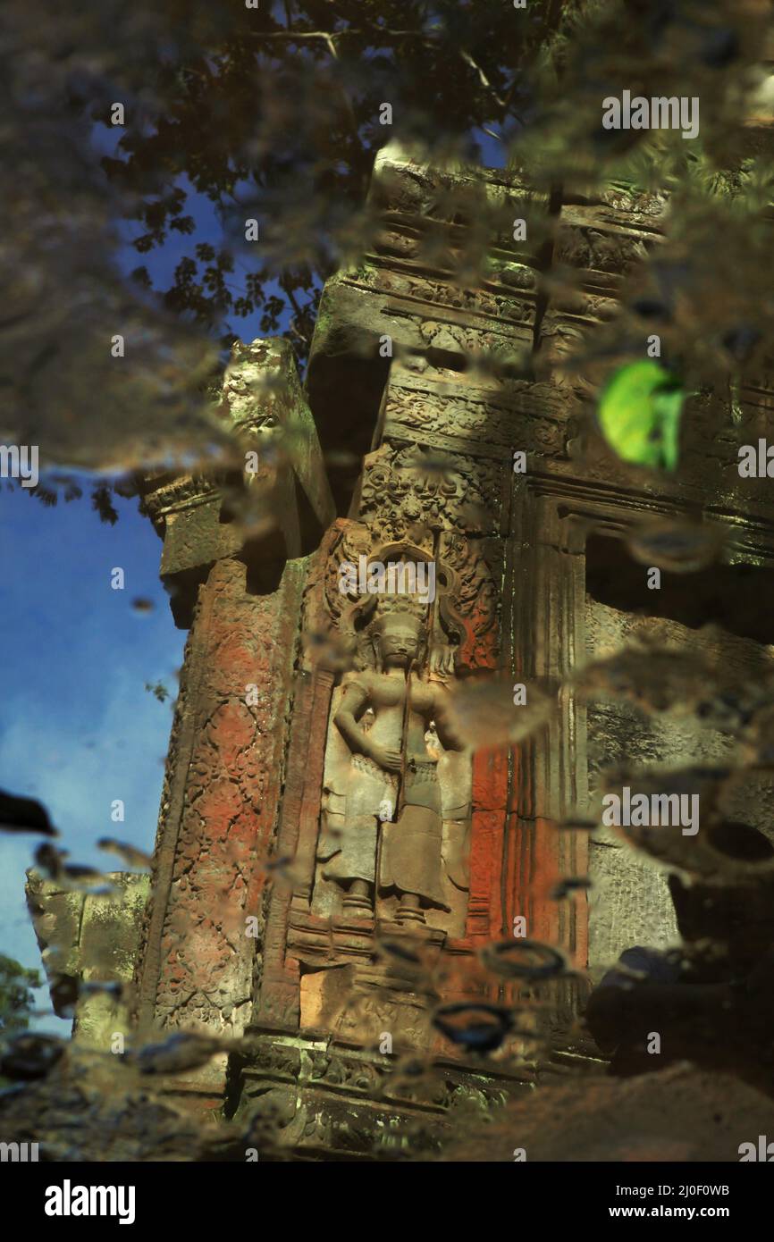 Ein Flachrelief der Apsara-Figur an der Wand des Klosters Ta Prohm, reflektiert auf einem Pool. Dramatische Klimaveränderungen verursachten längere Monsunregen, gefolgt von einer intensiven Dürre Ende des 14.. Und Anfang des 15.. Jahrhunderts, die die Zivilisation, die dieses Kloster unterstützt, zum Verlassen gezwungen hatte. Credits: PACIFIC Imagica/Alamy Stockfoto