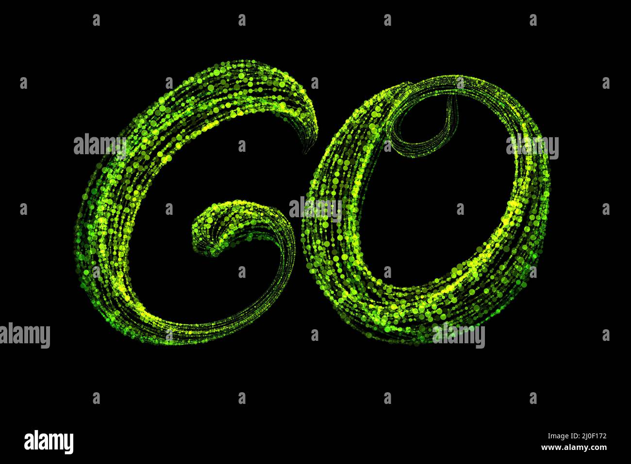 Die Wortschrift WIRD von frischen grünen Bio-Kreisen aus Konfetti-Partikeln auf schwarzem Hintergrund isoliert. Zeit, etwas zu beginnen Stockfoto