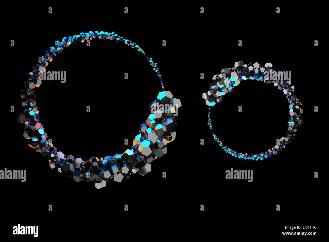 Abstrakter Schmuck kreisförmige Zusammensetzung aus niedrigen Polygonen und Kugeln in Form eines Ringes. Mockup Rahmen für Ihr Design isola Stockfoto