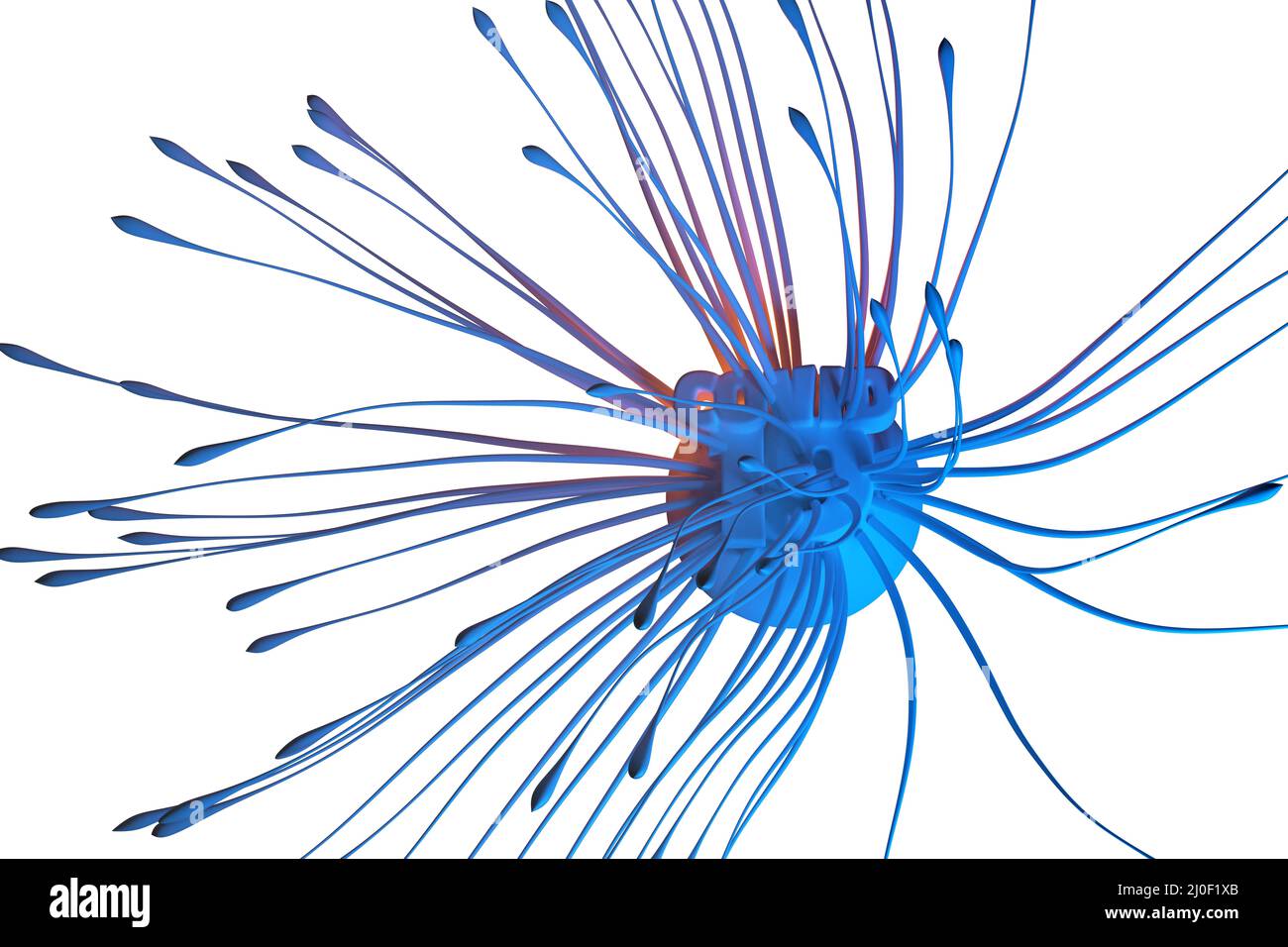 Antivirus-Molekül Kampf gegen Coronavirus COVID-19. Hergestellt aus Stahl und fliegenden Partikeln. Medizinkonzept isoliert auf weißem BA Stockfoto