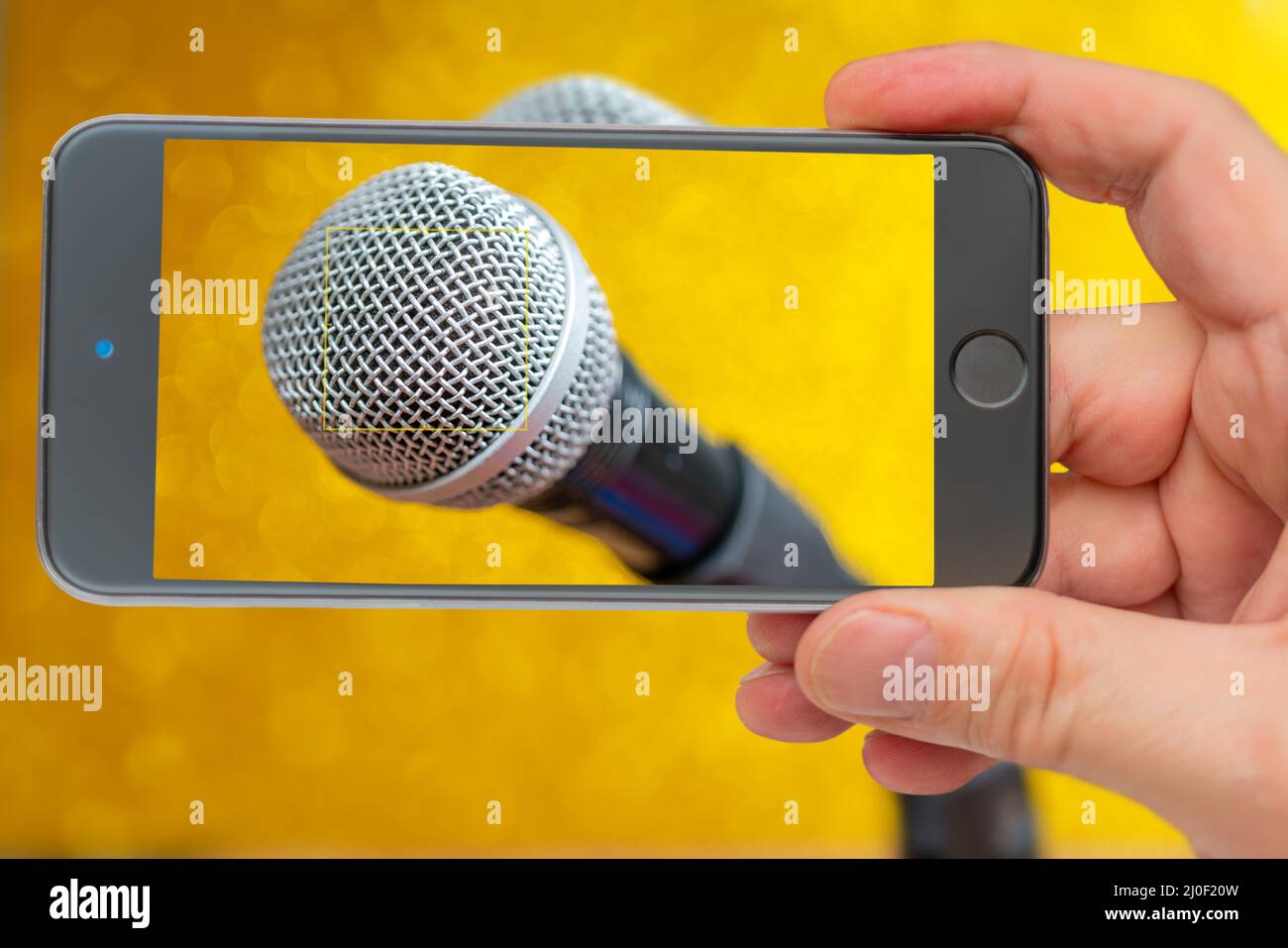 Mikrofon auf dem Smartphone-Bildschirm. Professionelles dynamisches Mikrofon. Konzertmikrofon für Sprachaufnahmen und Klangoptimierung. Stockfoto