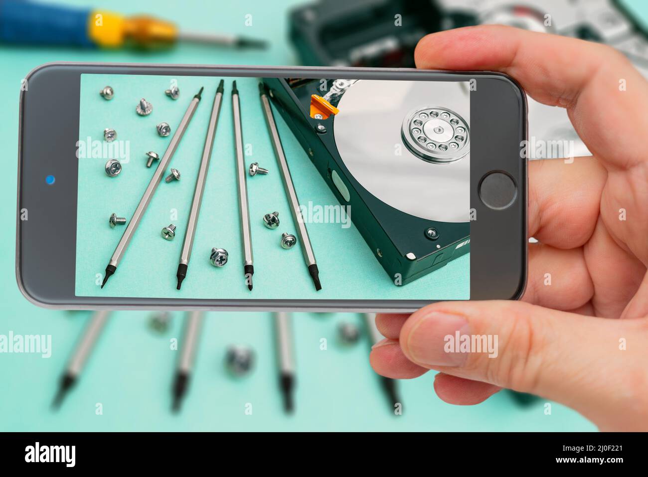 Festplatte des Computers auf dem Smartphone-Bildschirm. Satz Schraubendreher zur Reparatur. Computerreparatur. Festplatte des Computers. Stockfoto