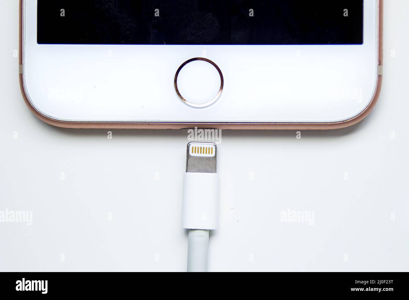 Calgary, Alberta. Kanada 12. Dezember 2019. Nahaufnahme eines iPhone Plus und eines Lightning-auf-USB-Kabels. Apple tötet Lightning Conne Stockfoto