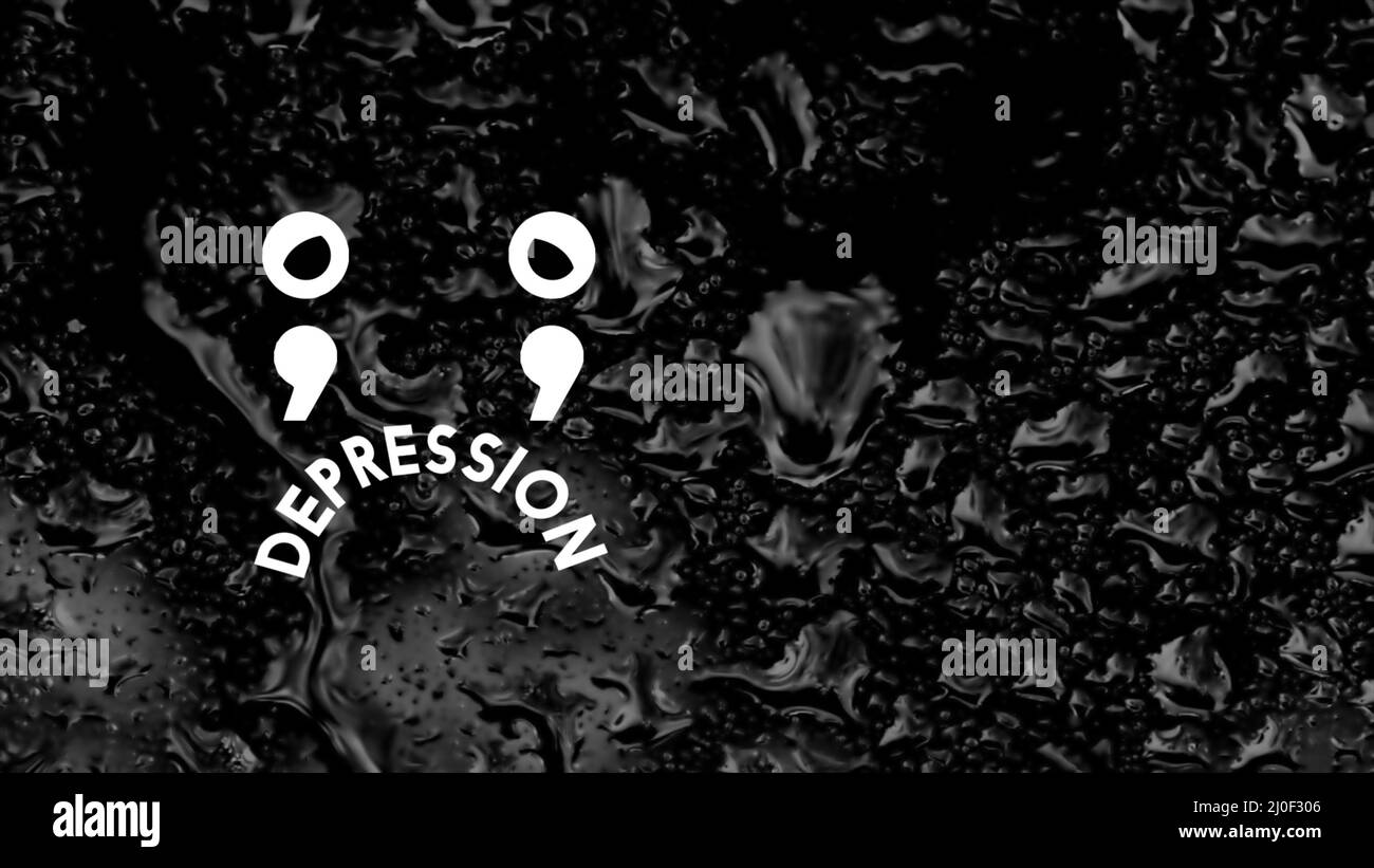 Ein paar animierte Semikolons, die wie ein trauriges Gesicht mit Regen auf dem Hintergrund aussieht. Depressionskonzept. Stockfoto
