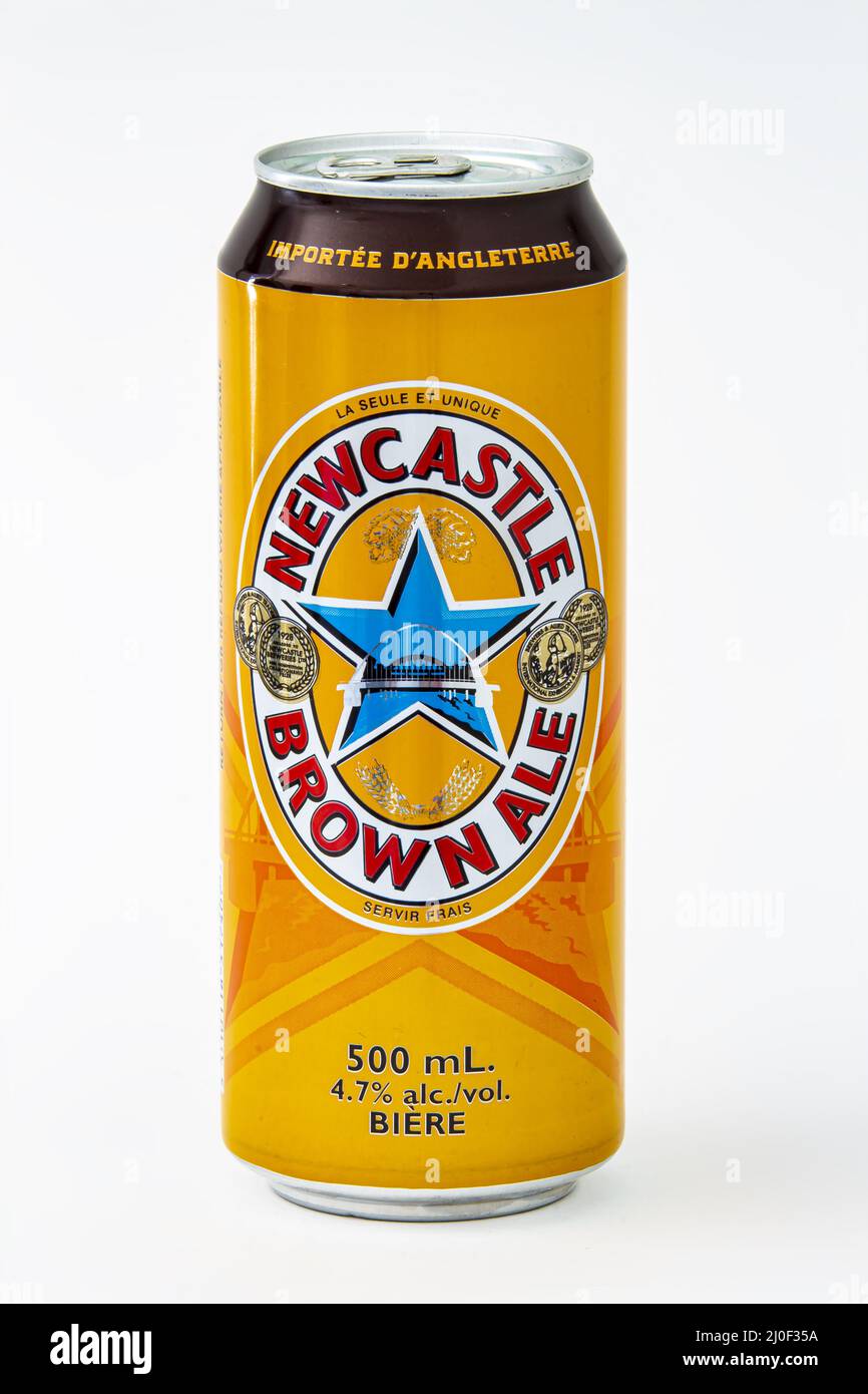 Calgary, Alberta, Kanada. 08. Juni 2020. Eine isolierte Newcastle Brown Ale Tallboy Beer Dose auf weißem Hintergrund. Stockfoto