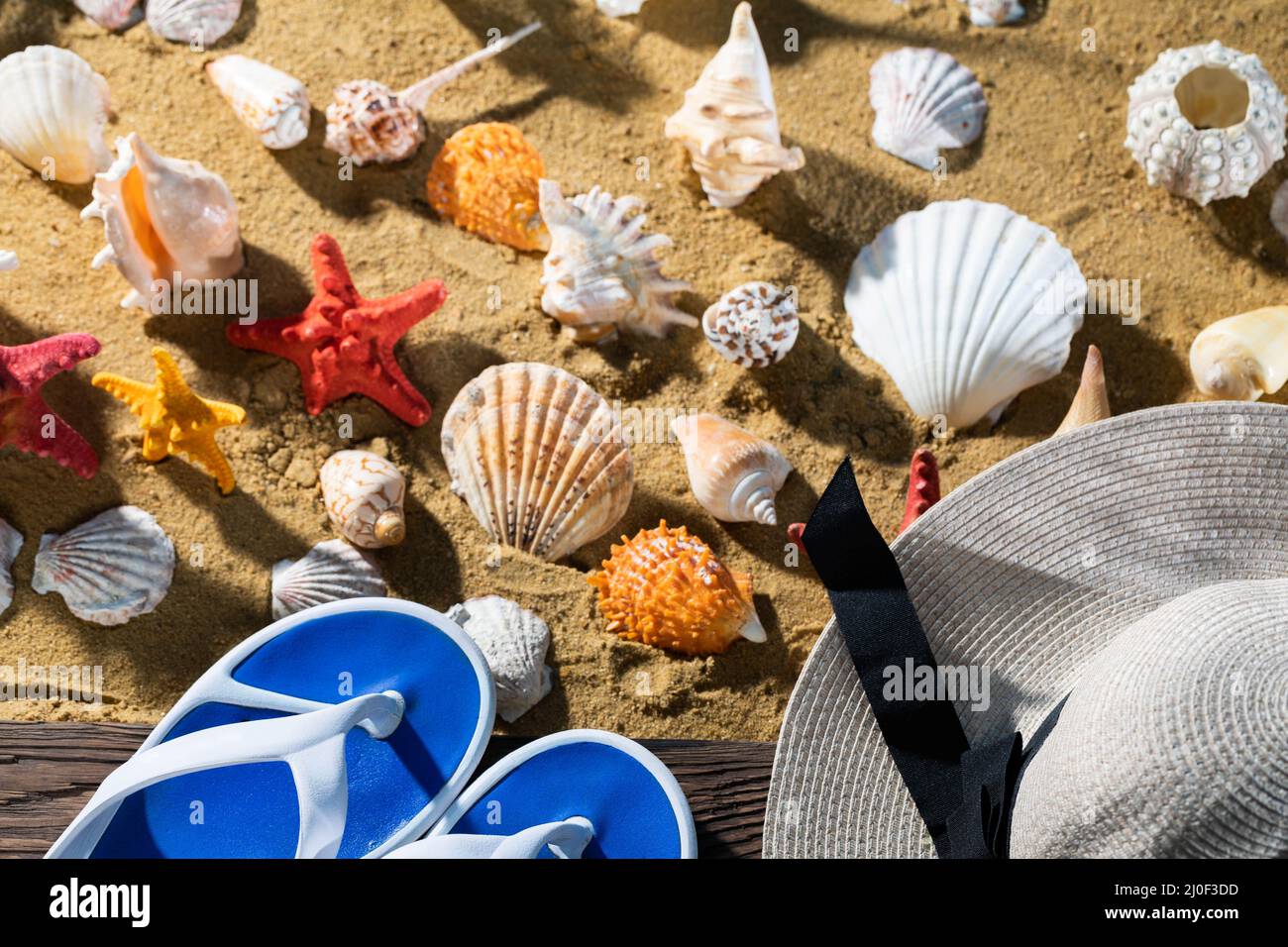 Ein Sommerhut und Flip Flops liegen am Pier neben einer Vielzahl von Schneckenmuscheln. Stockfoto