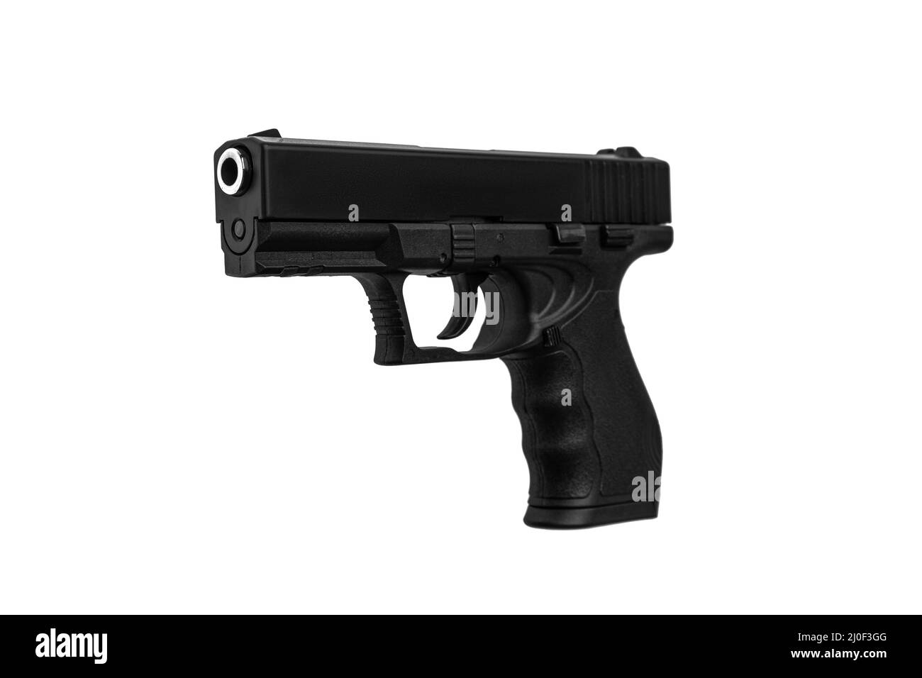 Moderne halbautomatische Pistole. Eine kurzwaffige Waffe zur Selbstverteidigung. Bewaffnung der Polizei, der Spezialeinheiten und der Armee. Isolieren auf weißem Hintergrund. Stockfoto