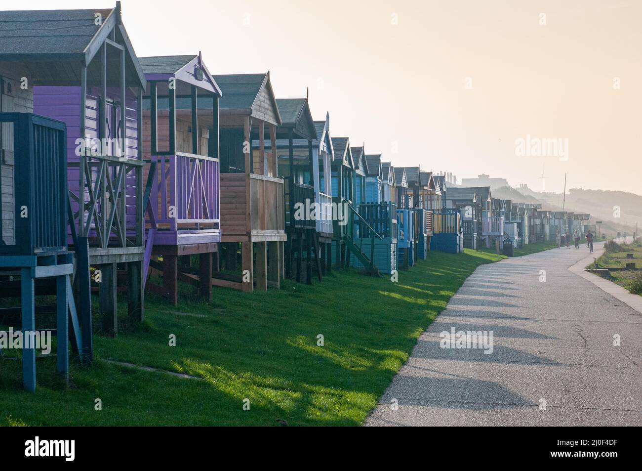 Urlaub Holzstrandhütten Whitstable Coast, Kent England. Stockfoto