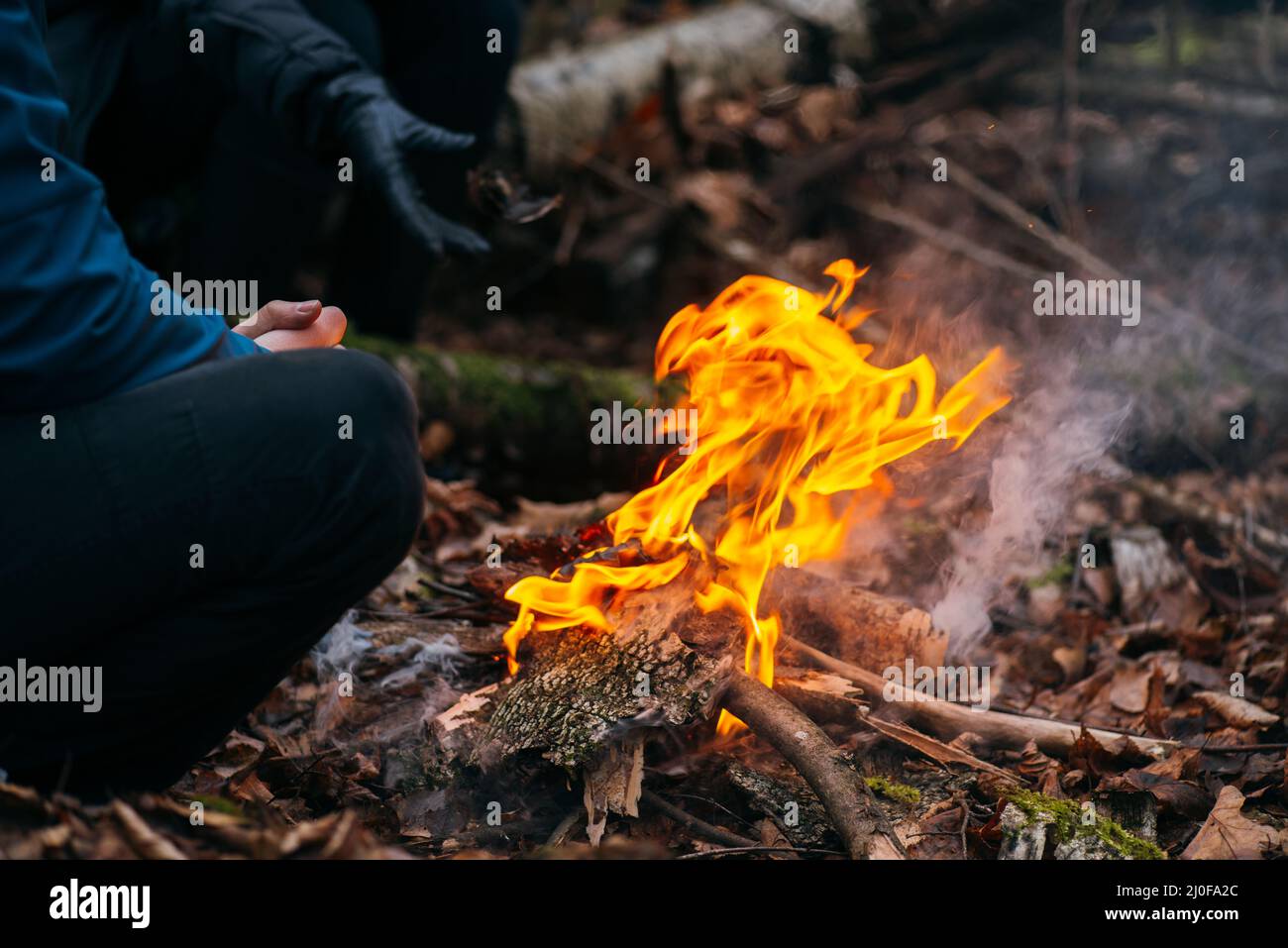 Der Mensch wärmt seine Hände auf Feuer. Brennendes Holz am Abend im Wald. Lagerfeuer im touristischen Camp in der Natur. Grill und Kochen o Stockfoto
