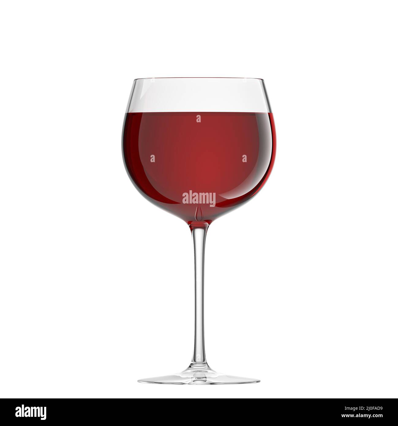 Ein Glas auf einem dünnen Bein mit Rotwein auf weißem Hintergrund. Vorderansicht. 3D-Rendering Stockfoto