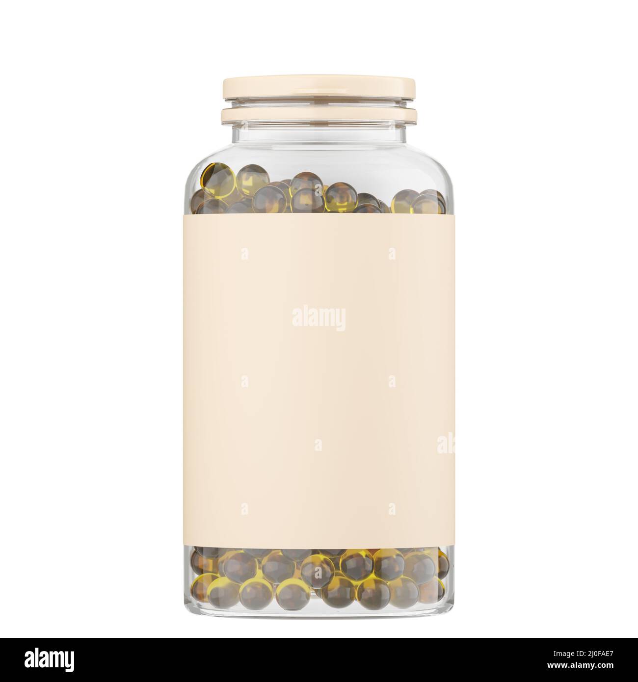 Transparentes Glas mit runden gelben Kapseln und einem beigen Rohling-Etikett. 3D-Rendering Stockfoto