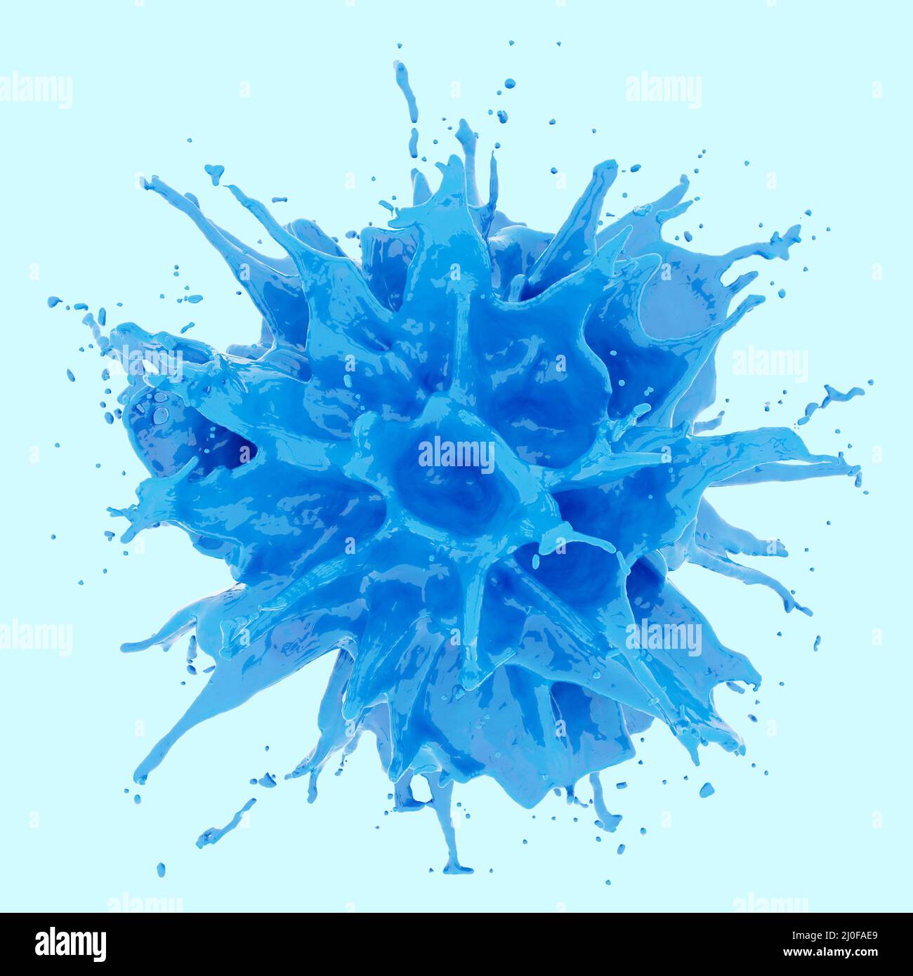 Blaue Farbspritzer auf hellblauem Hintergrund. 3D-Rendering Stockfoto