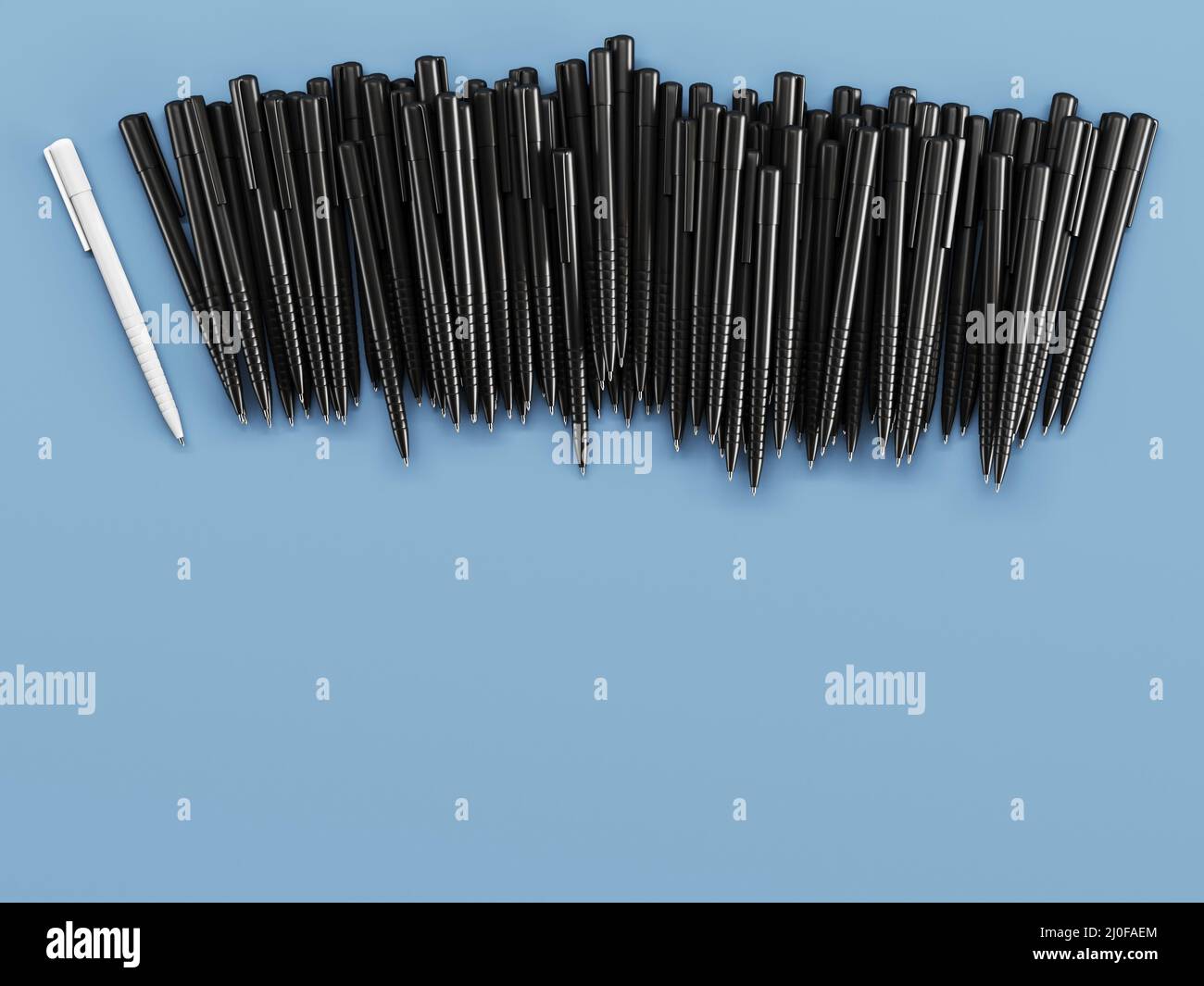 Ein weißer Stift und eine große Gruppe von Schwarz auf blauem Hintergrund. 3D-Rendering Stockfoto