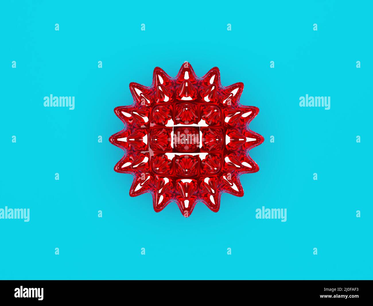 Eine rote Glaskugel mit Stacheln, ähnlich Coronavirus auf türkisfarbenem Hintergrund. 3D-Rendering Stockfoto