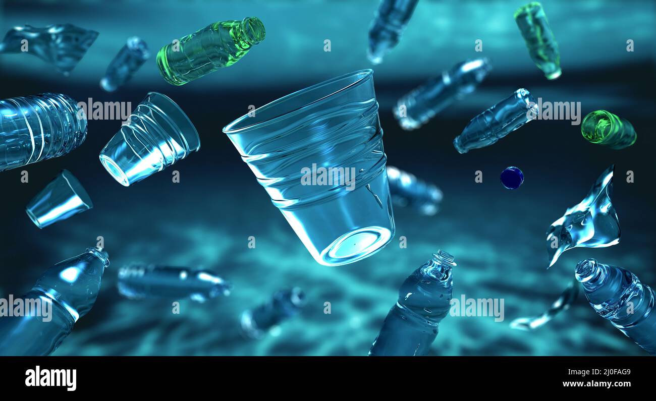 Plastikflaschen, die unter Wasser schwimmen, Abbildung Stockfoto