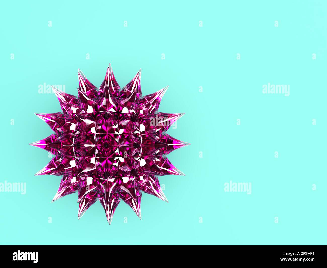 Eine violette Glaskugel mit Stacheln, ähnlich Coronavirus auf türkisfarbenem Hintergrund. 3D-Rendering Stockfoto