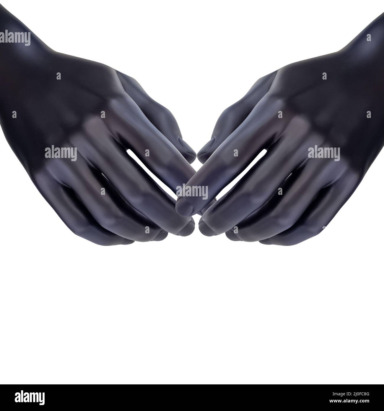 Zwei schwarze Kunststoffhände sind mit Nahfingern auf weißem Hintergrund zueinander gerichtet. 3d-Rendering Stockfoto