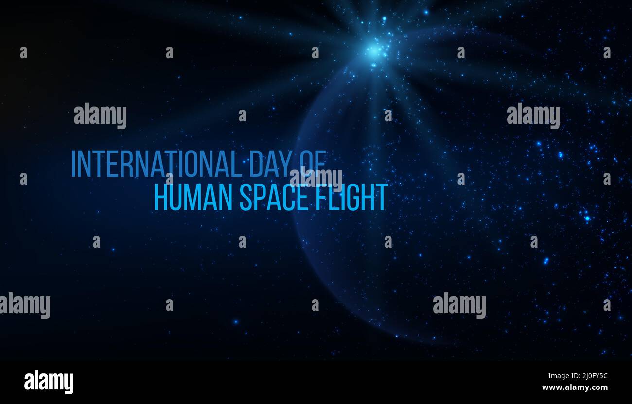Nationaler Tag des menschlichen Raumflugkonzepts. Futuristischer, moderner abstrakter Planet auf blauem Hintergrund. Vektorgrafik Stock Vektor
