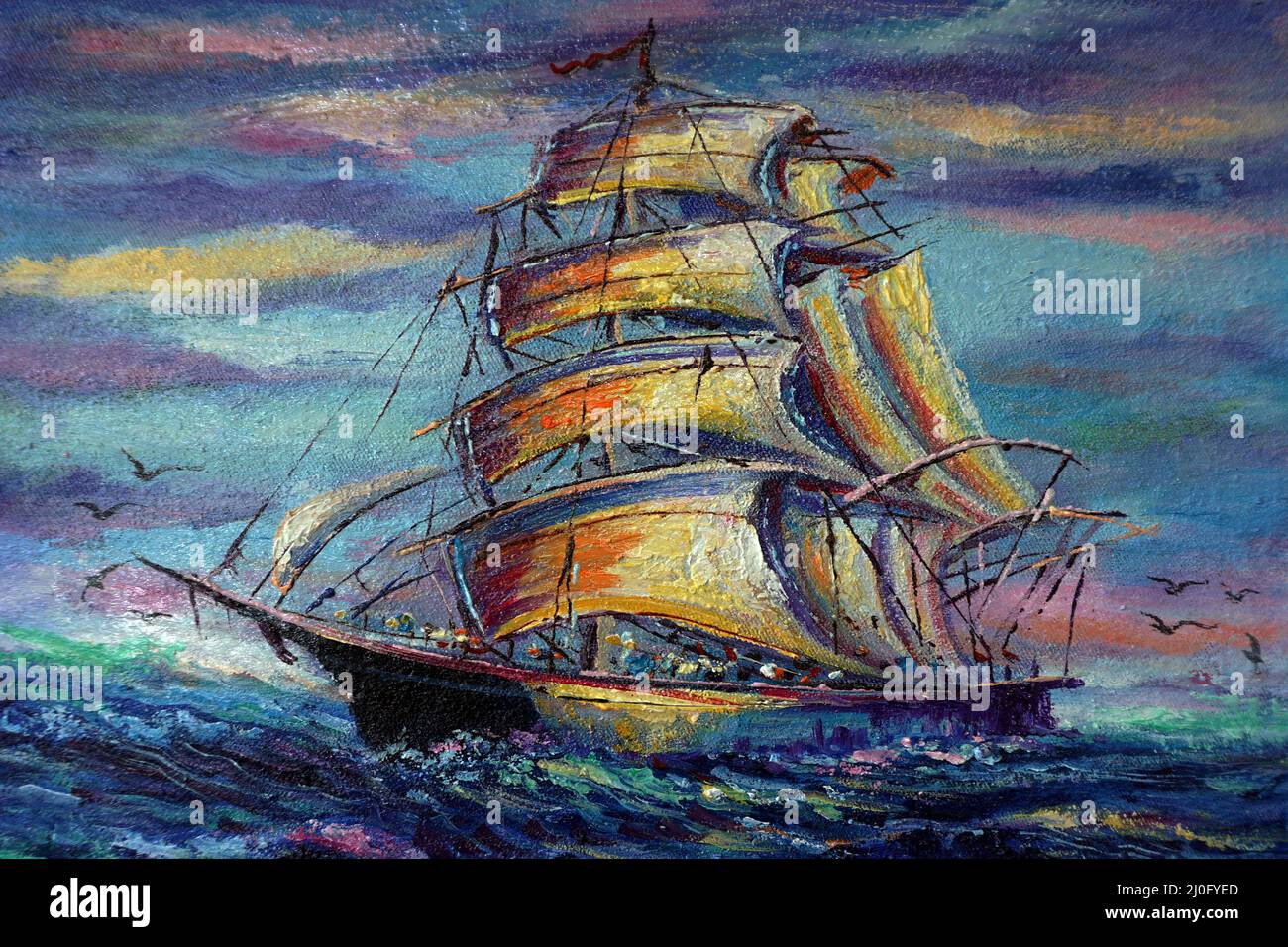 Kunst Malerei Ölfarbe Segelboot , Barke glücklich , glückverheißend , Glück Stockfoto