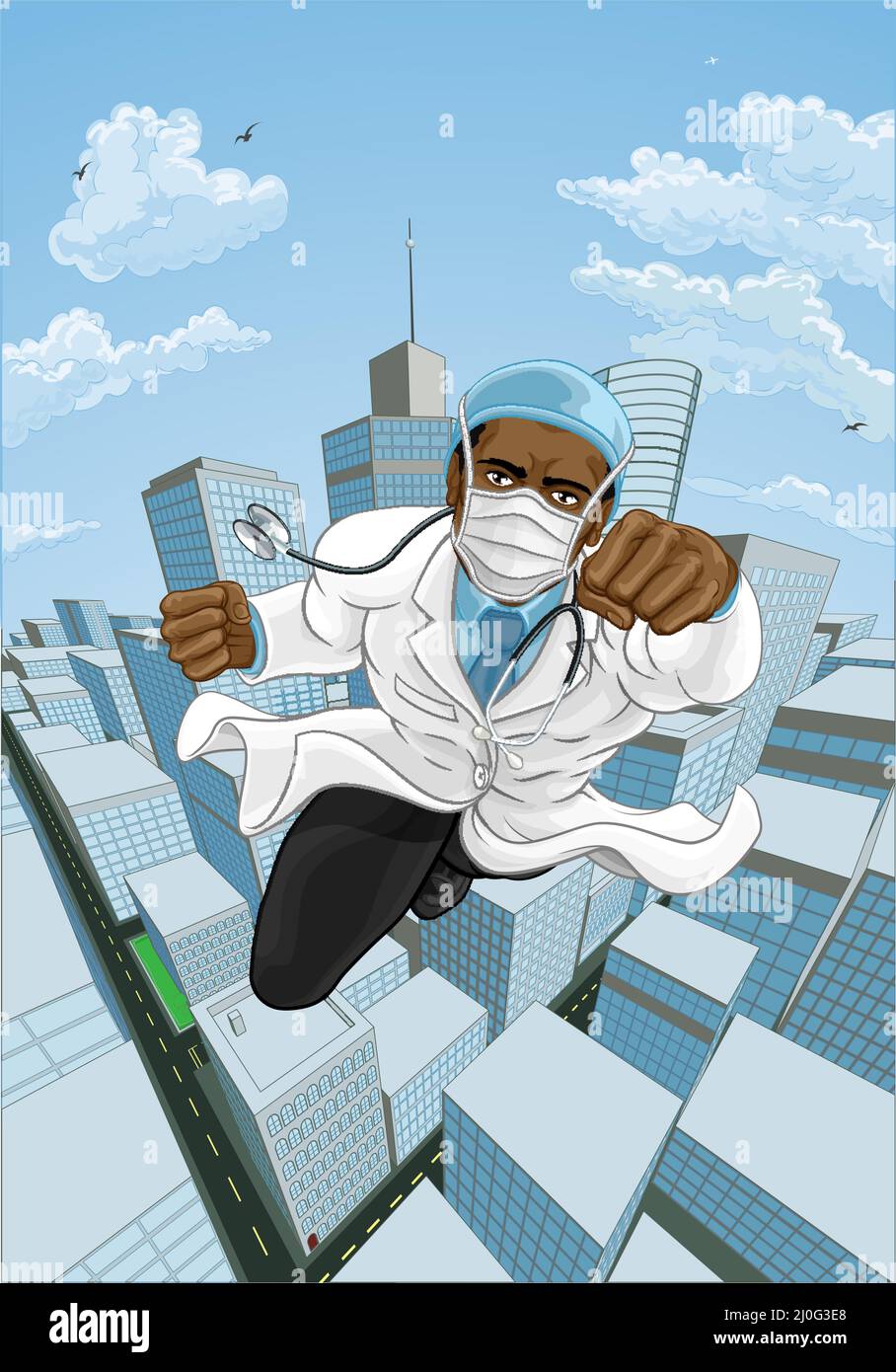 Doktor Superhero Fliegende Comic Buch Super Hero Stock Vektor