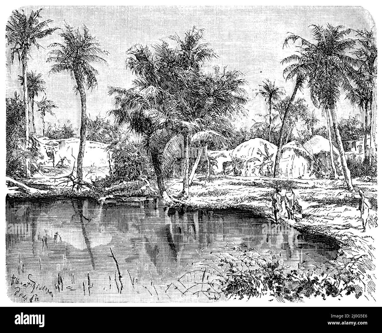 Bengalisches Dorf in Kalkutta, , Albert Richter (Geographie Buch, 1885), Bengalisches Dorf in der Lage von Kalkutta, Village bengali dans la région de Kalkutta Stockfoto