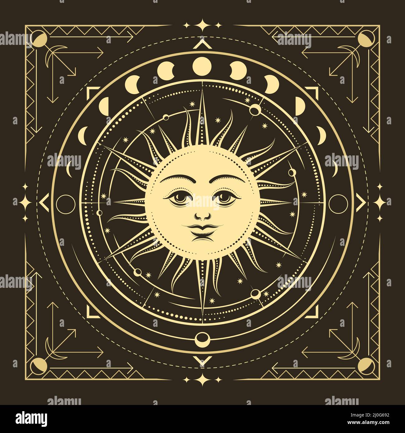 Mittelalterliches Sonnensymbol mit isolierten Mondphasen und Planenten auf schwarzem Hintergrund. Vektorgrafik. Stock Vektor