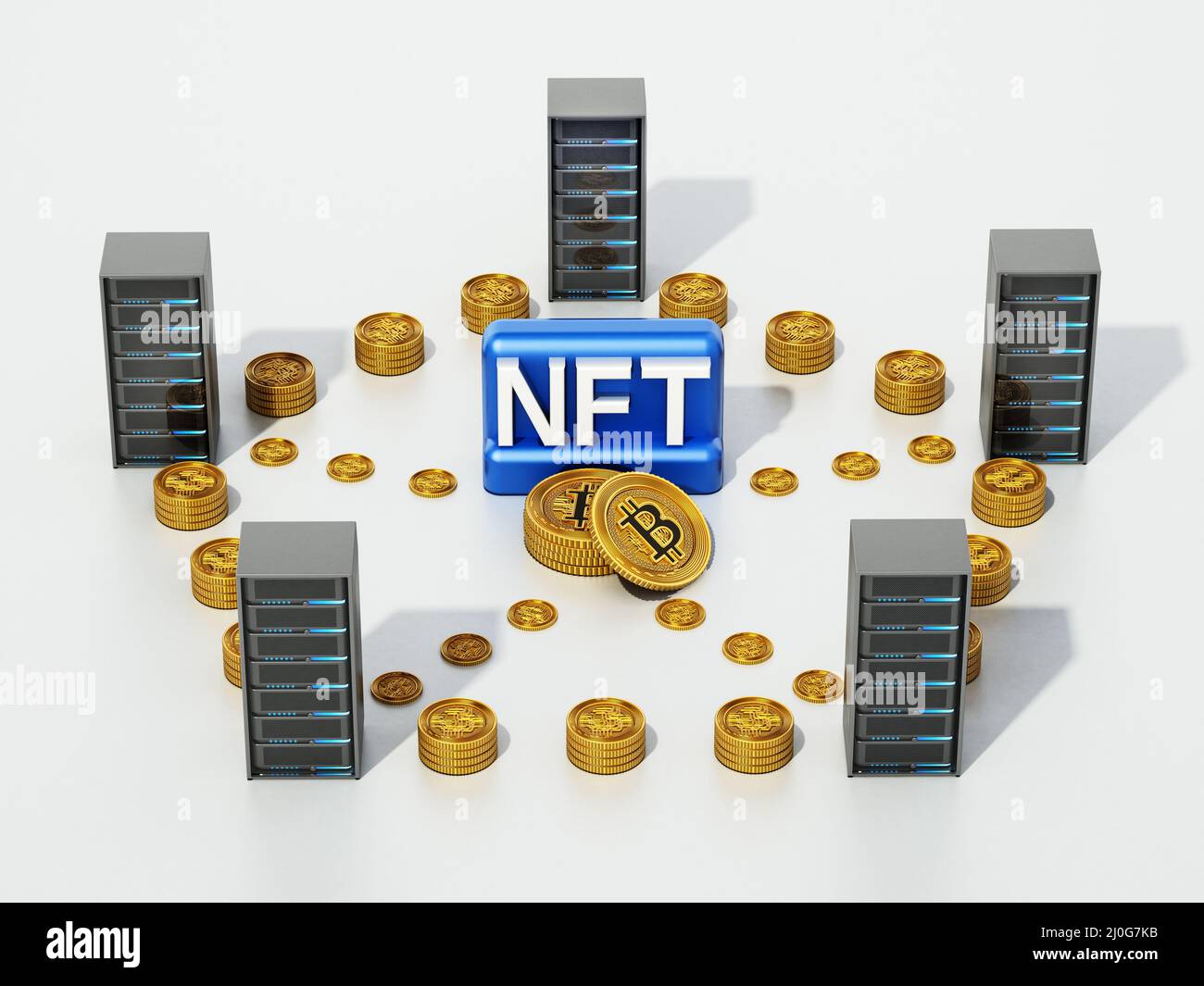 Krypto-Münzen verbinden Datenserver mit NFT-Wort im Zentrum. 3D Abbildung. Stockfoto