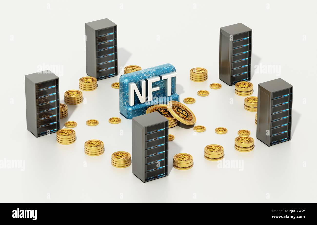 Krypto-Münzen verbinden Datenserver mit NFT-Wort im Zentrum. 3D Abbildung. Stockfoto