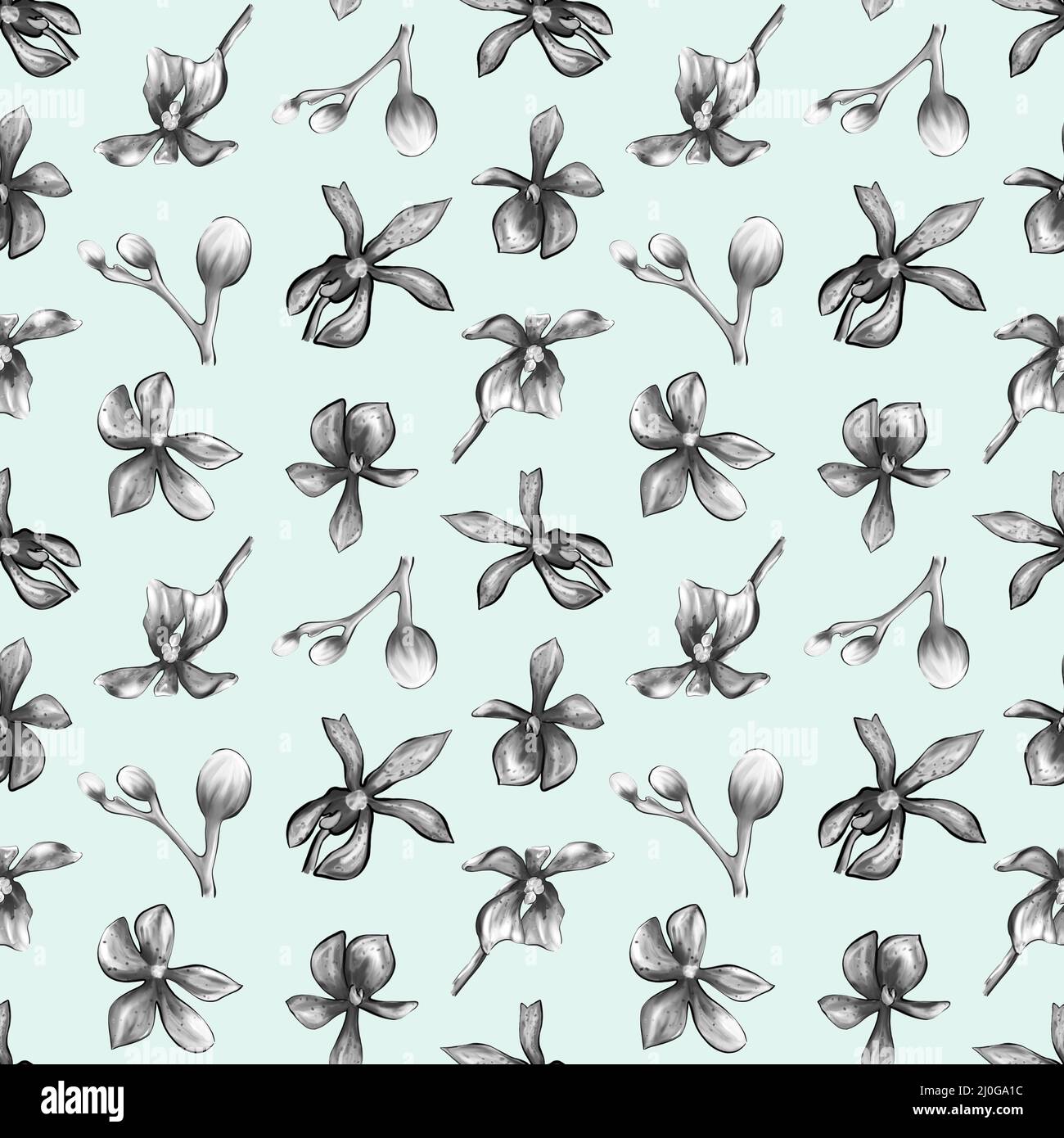 Nahtloses botanisches Muster einer Orchidee auf blauem Hintergrund Stockfoto