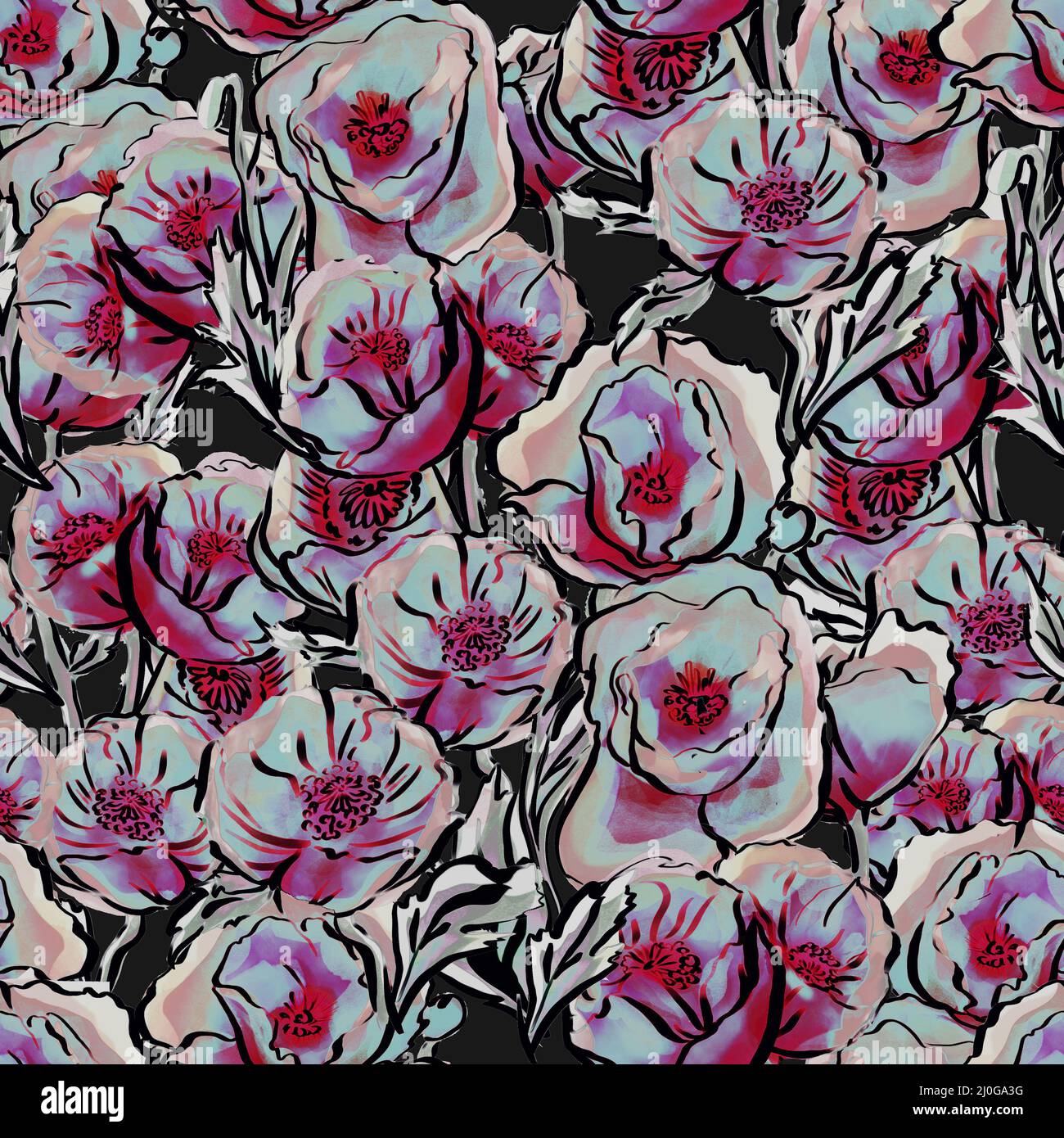 Elegantes Nahtloses Muster mit staubigen rosa Blüten von Tulpe, Pfingstrose, Rose Stockfoto