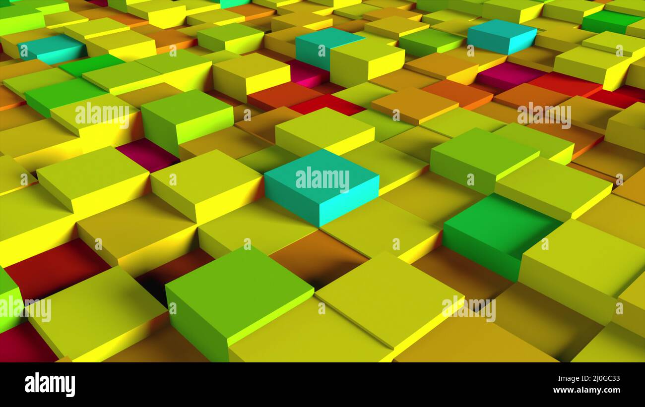 Computer generiert Hintergrund mehrfarbige isometrische Würfel, Draufsicht. 3D-Rendering wellenförmig abgestufte Fläche Stockfoto