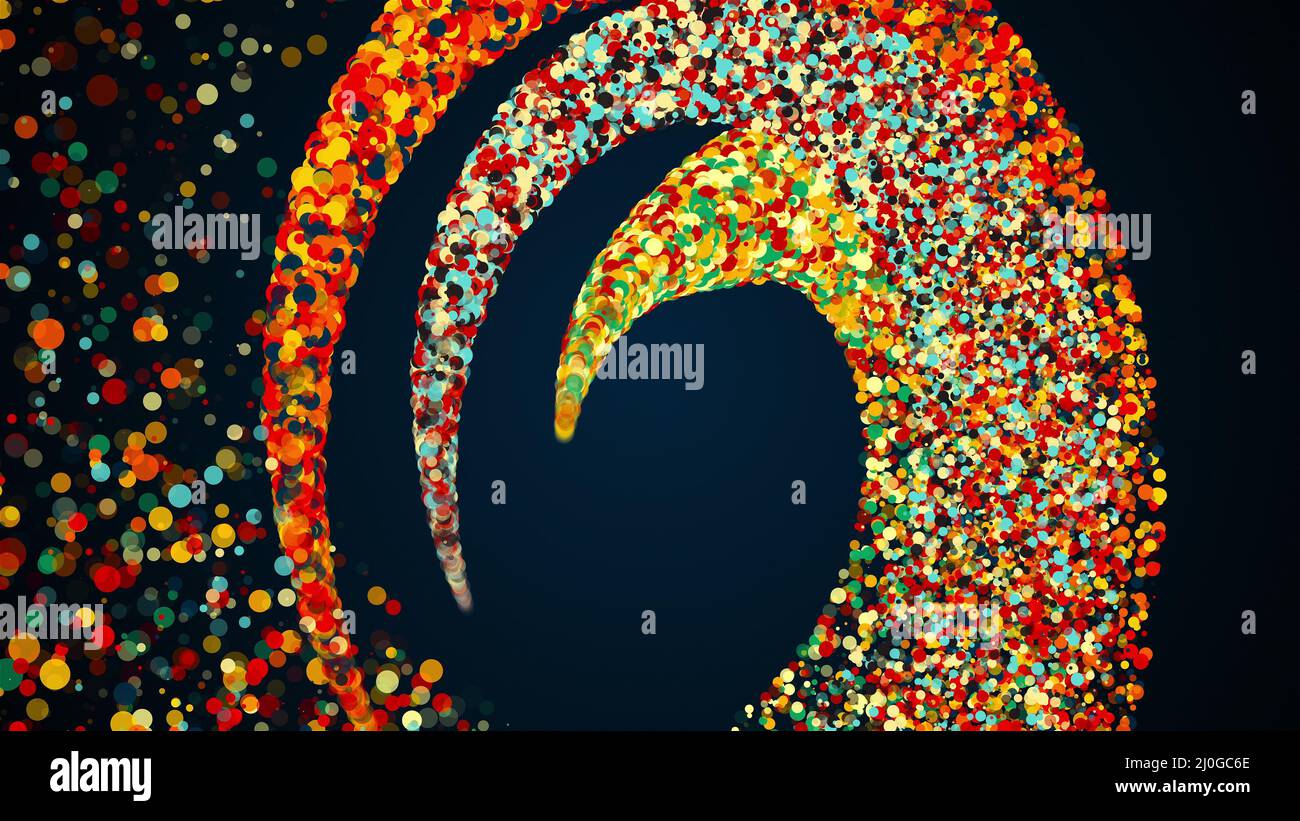 Drei radiale Streifen von farbigen Partikeln zu einer Spirale verschmelzen. Computer erzeugt 3D Rendering. Magischer festlicher Hintergrund mit b Stockfoto