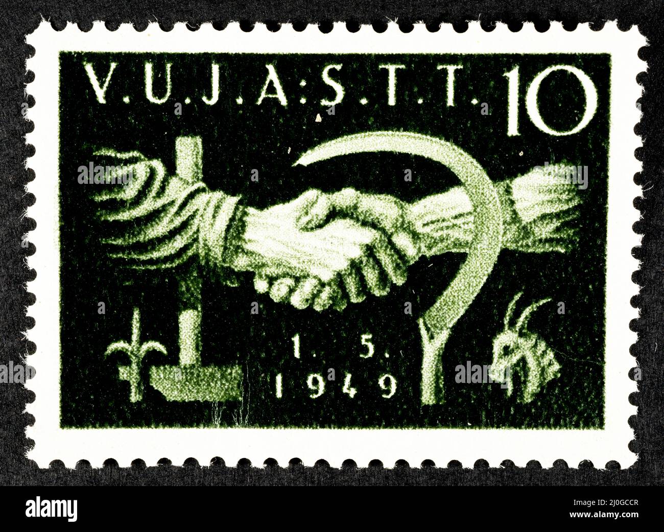 Briefmarke des freien Territoriums von Triest, Zone B, verwaltet vom ehemaligen Jugoslawien von 1948 bis 1954. Stockfoto