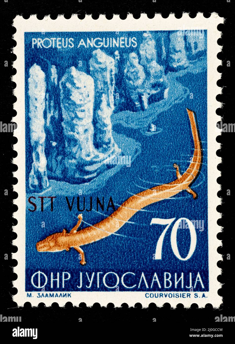 Herausgegeben vom ehemaligen Jugoslawien überdruckt STT VUJNA, freies Gebiet von Triest, Zone B, verwaltet von 1948 bis 1954. Stockfoto