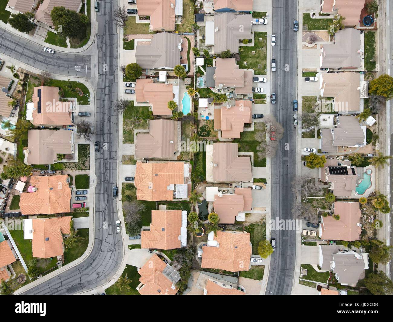 Luftaufnahme der Nachbarschaft in Hemet Stadt im San Jacinto Valley in Riverside County, Kalifornien Stockfoto