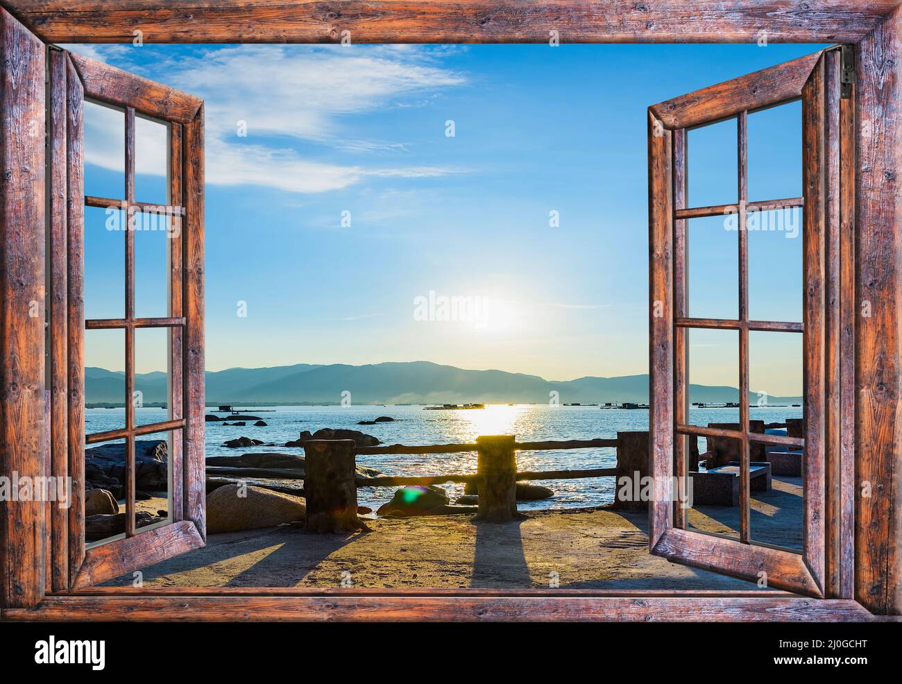 Ocean View Fenster öffnen Stockfoto