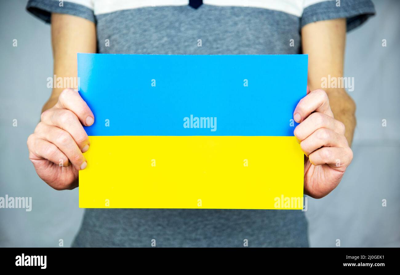 Ein stehender Mann auf grauem Hintergrund hält eine saubere gelb-blaue ukrainische Flagge aus Pappe in beiden Händen Stockfoto
